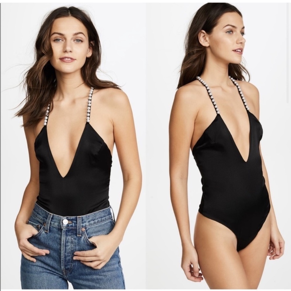 For Love and Lemons Pearl Strap Silk Blend Bodysuit Black La Phoebe Size S